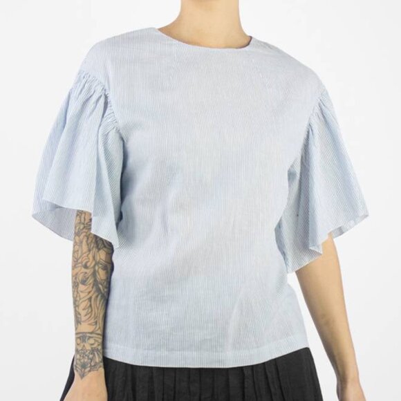 Pomandere Flutter Sleeve Top Blue Stripe 2 Cotton Hemp Blend Airy Lightweight - Picture 1 of 16